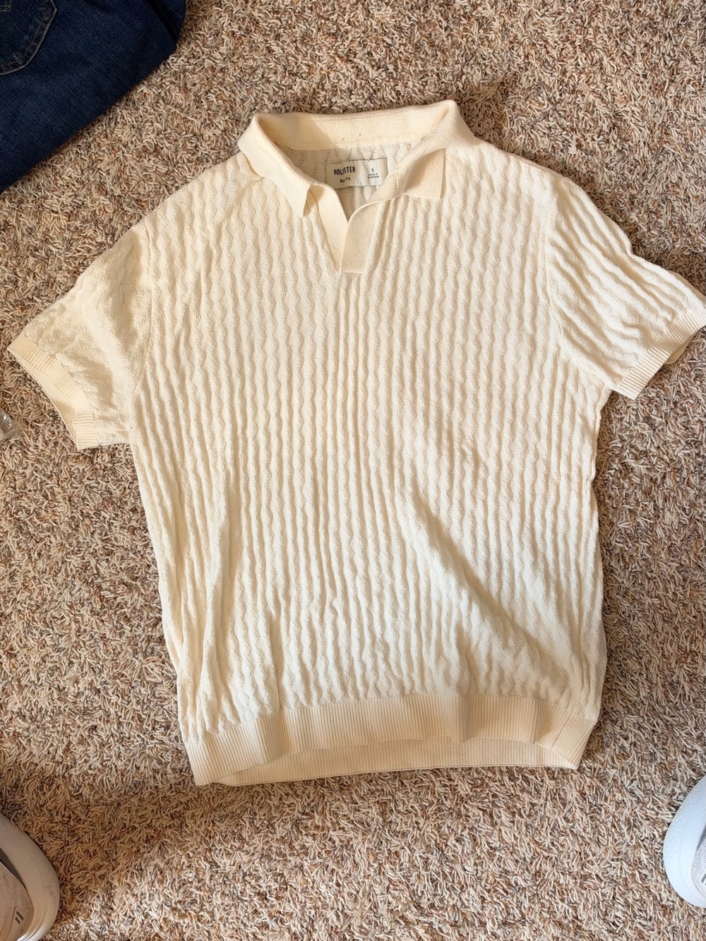 Hollister Cream Short-Sleeve Knit Polo with Cable Texture